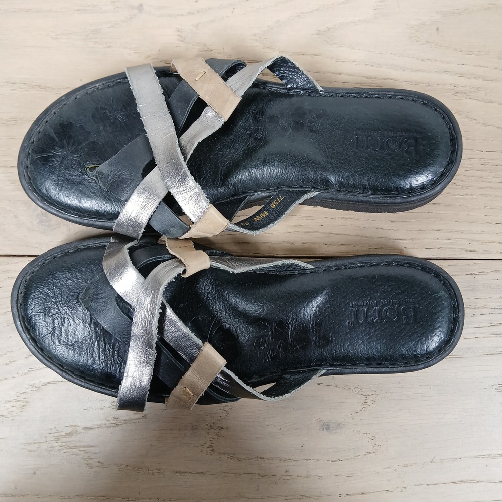 Born Leather Sandals Womens 7/38 Black Silver Tan Multi Strap Comfort Slides - Picture 3 of 11